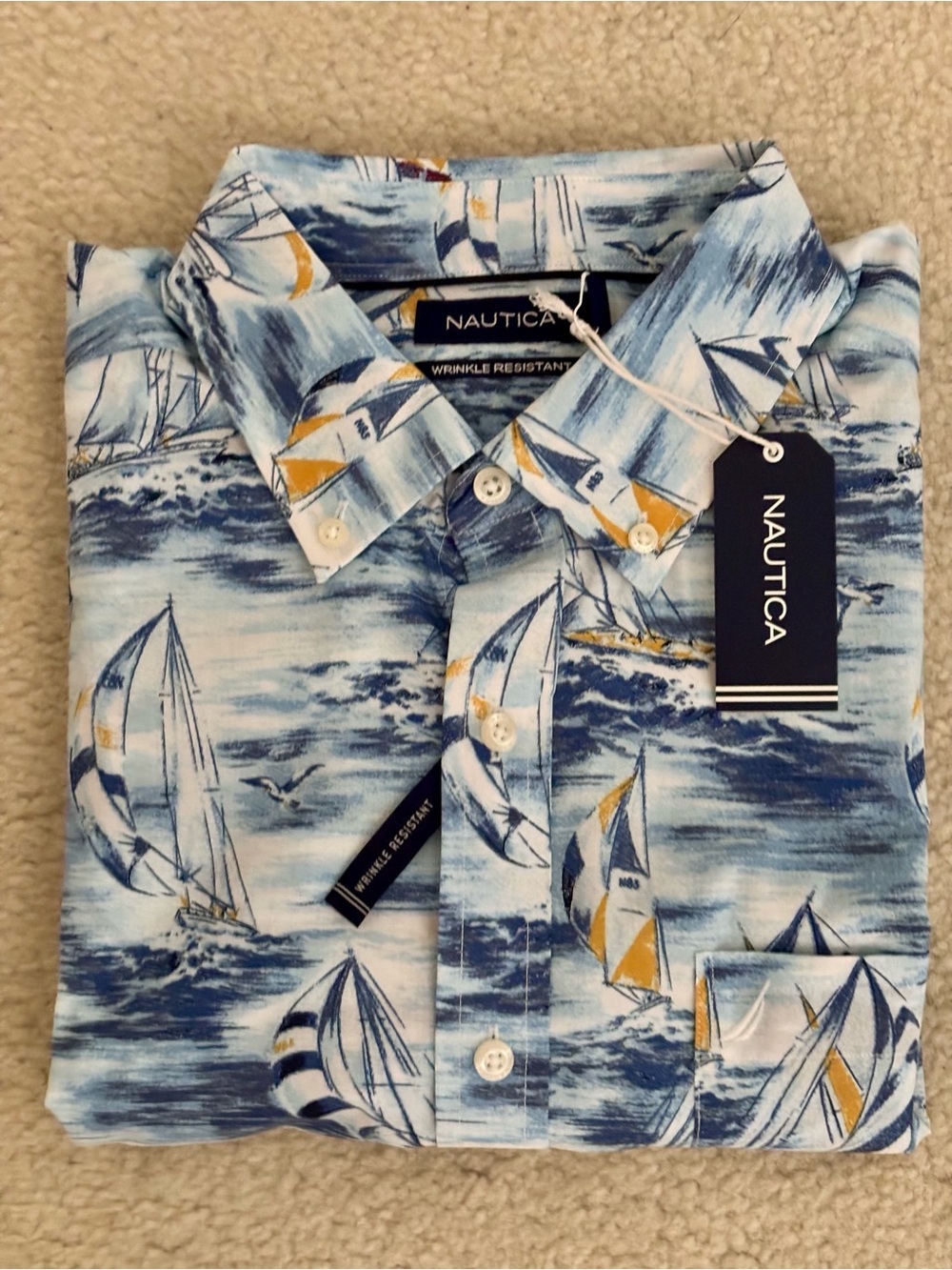 NWT Nautica Men’s Light Blue Sailboat Print Short-Sleeve Button-Down Shirt M